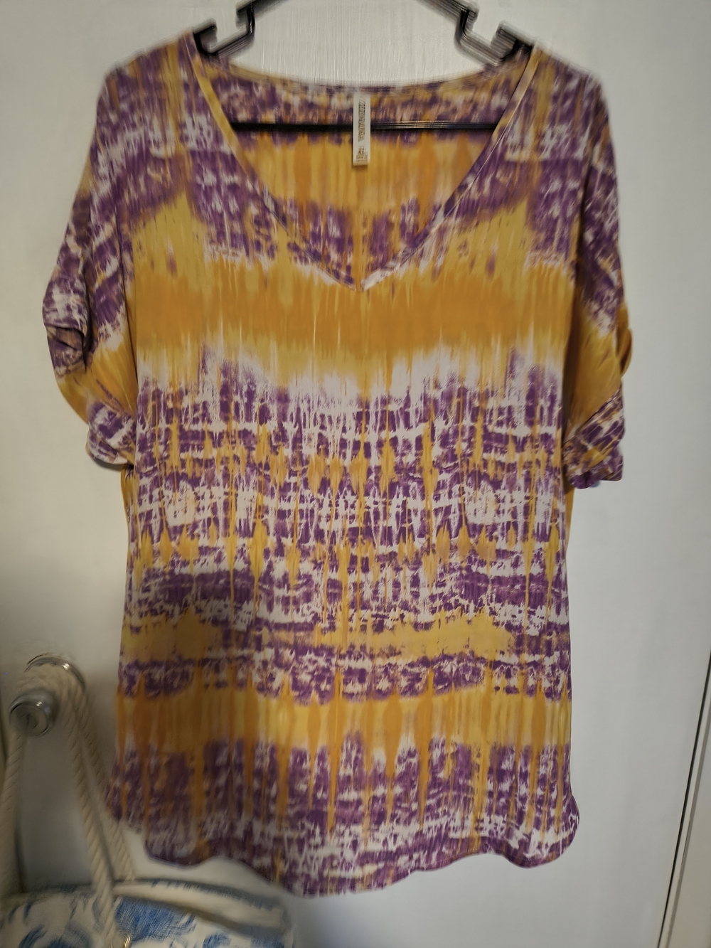 Zenana Outfitters Yellow and Purple Tie-Dye V-Neck Tunic